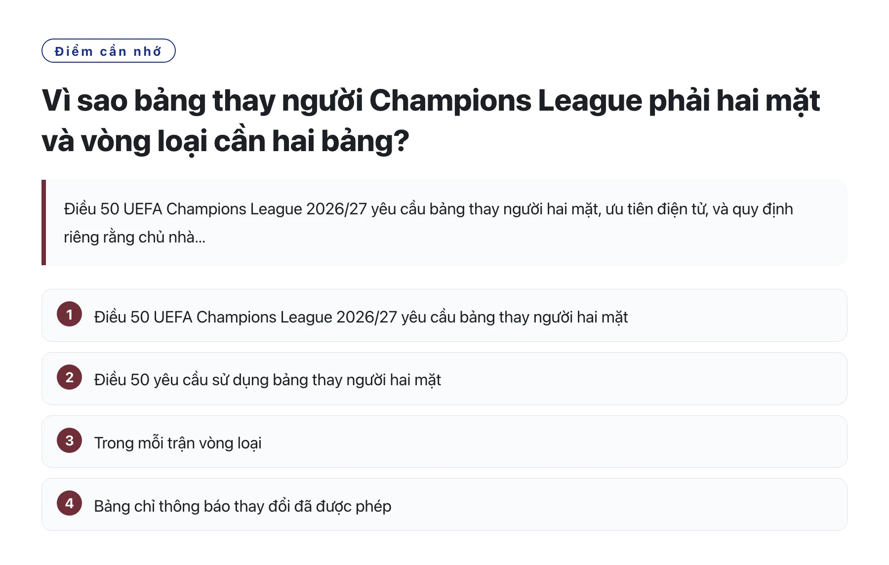 Vì sao bảng thay người Champions League phải hai mặt và vòng loại cần hai bảng?——全文要点速览