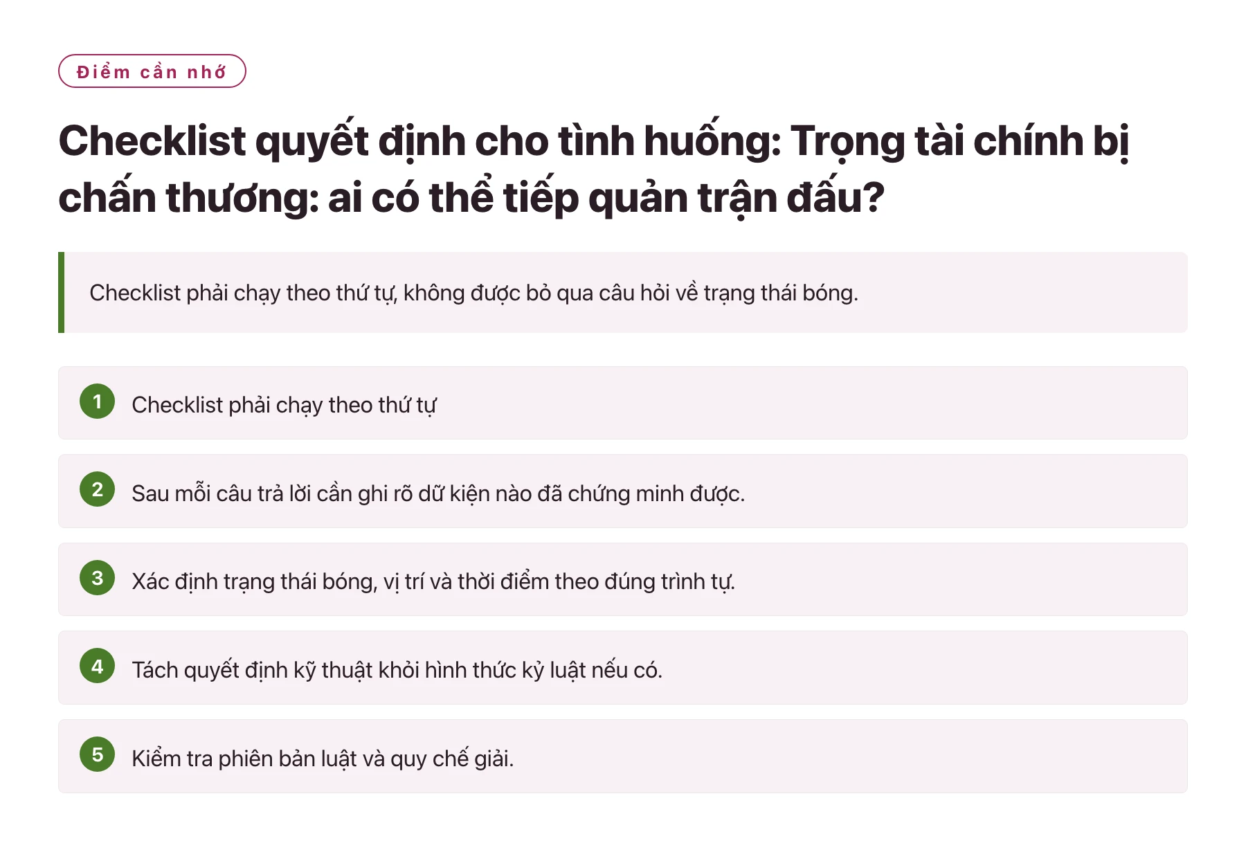 Checklist quyết định cho tình huống: Trọng tài chính bị chấn thương: ai có thể tiếp quản trận đấu?——全文要点速览